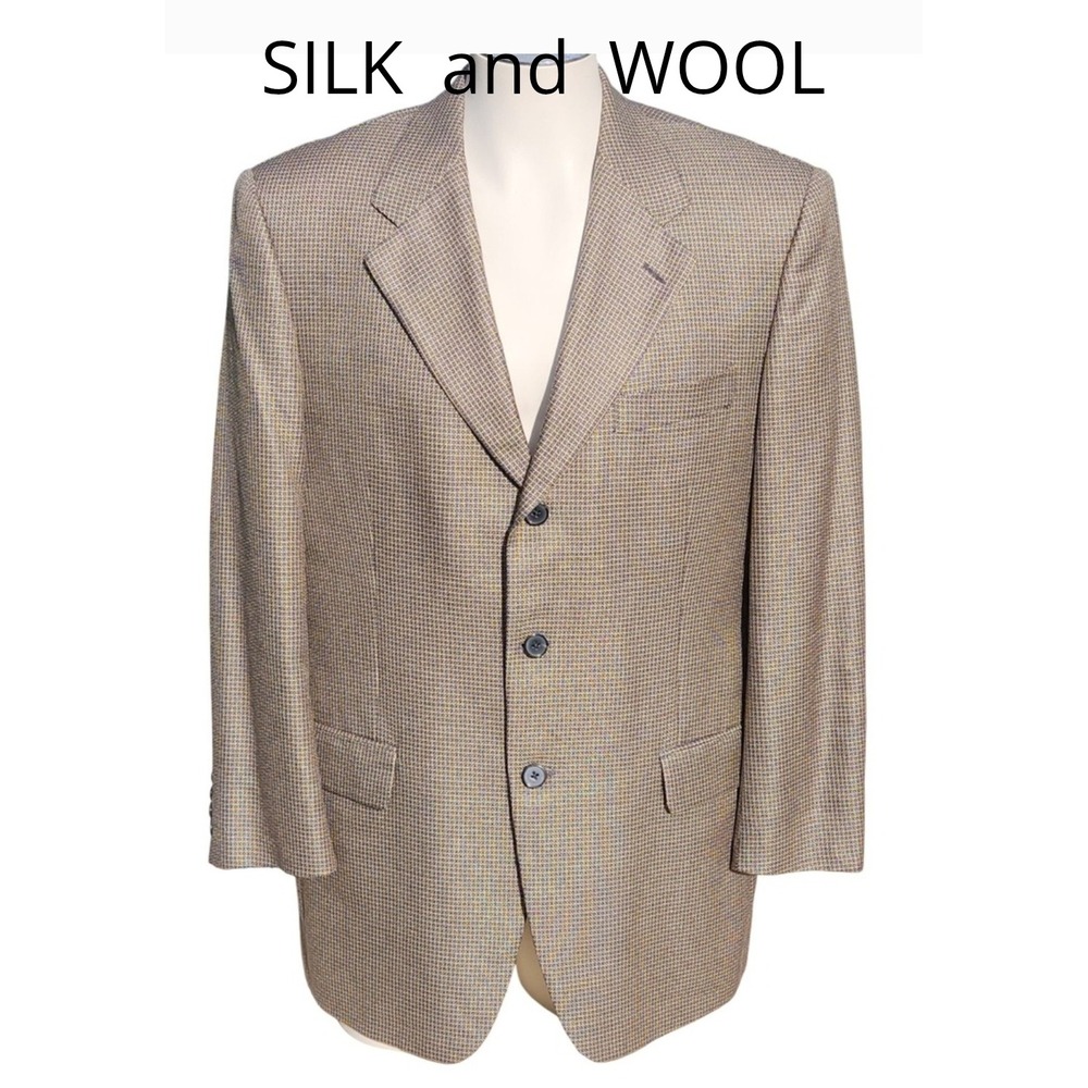 E THOMAS 44 Silk Wool Micro Plaid Blazer Brown Black Check VTG OLD MONEY exc.